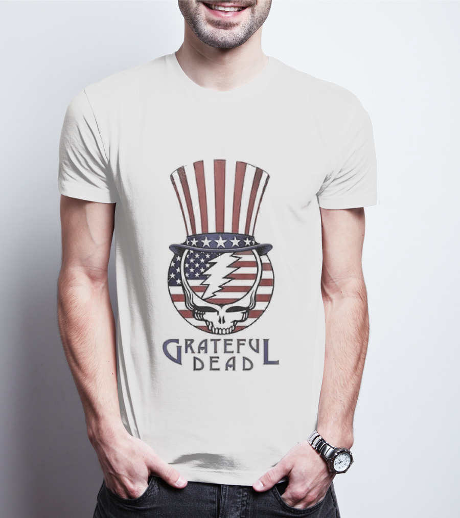 Grateful Dead American Flag Skeleton Uncle Sam Hat T-Shirt
