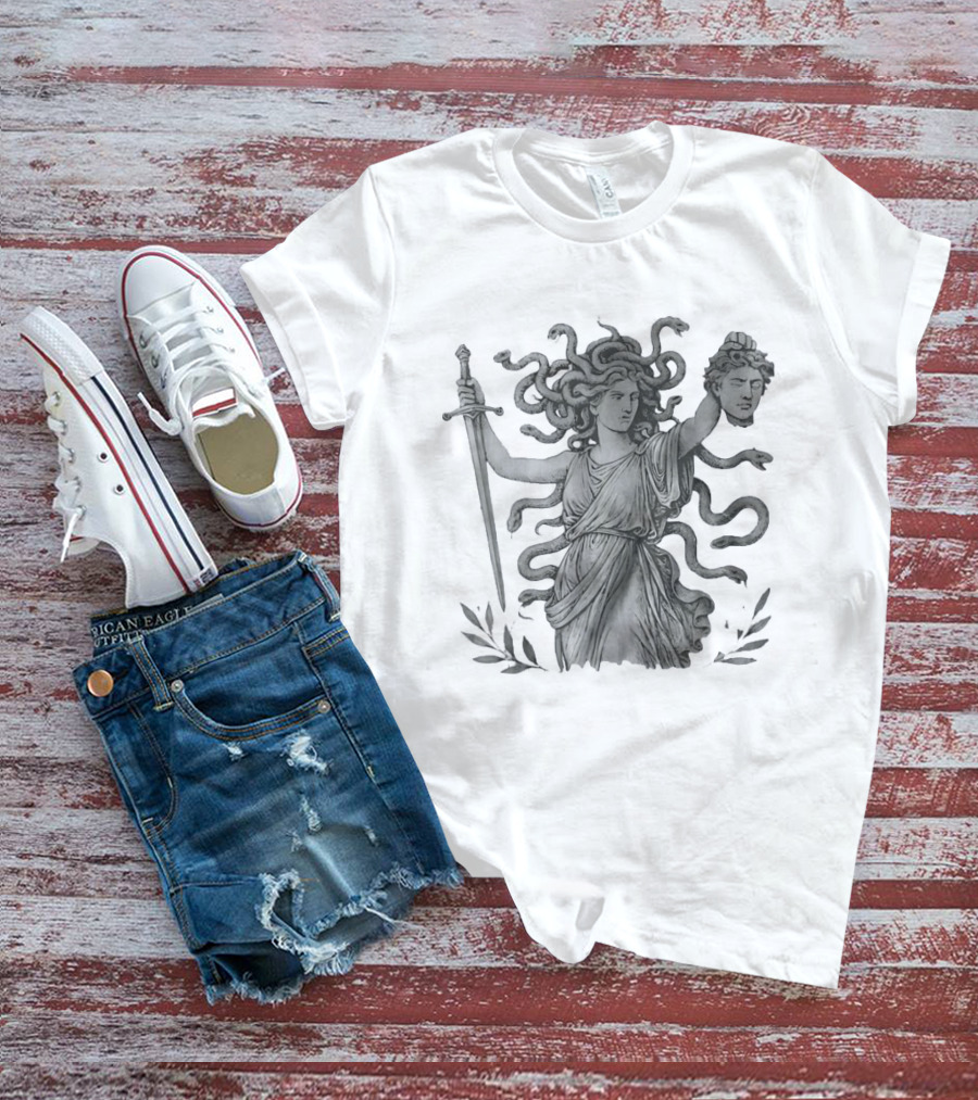 Medusa Holding Sword And Michael Head With Serpent Hair T-Shirt