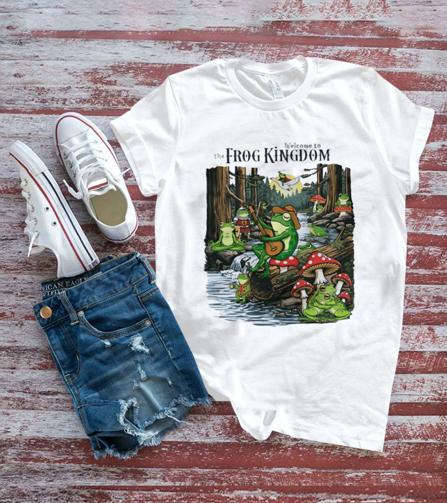 Frog Playing Guitar Forest Gathering Welcome To The Frog Kingdom T-Shirt