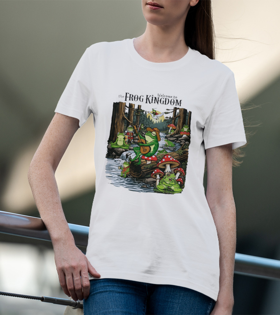 Frog Playing Guitar Forest Gathering Welcome To The Frog Kingdom T-Shirt