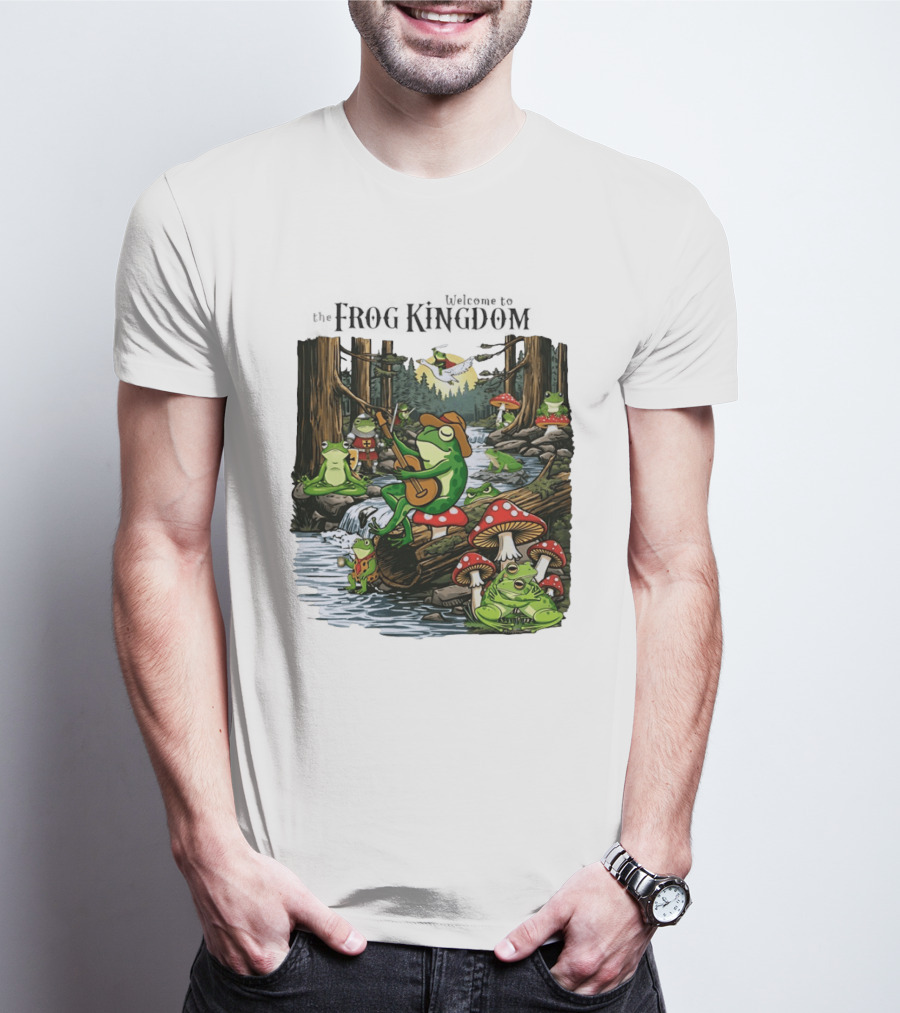 Frog Playing Guitar Forest Gathering Welcome To The Frog Kingdom T-Shirt