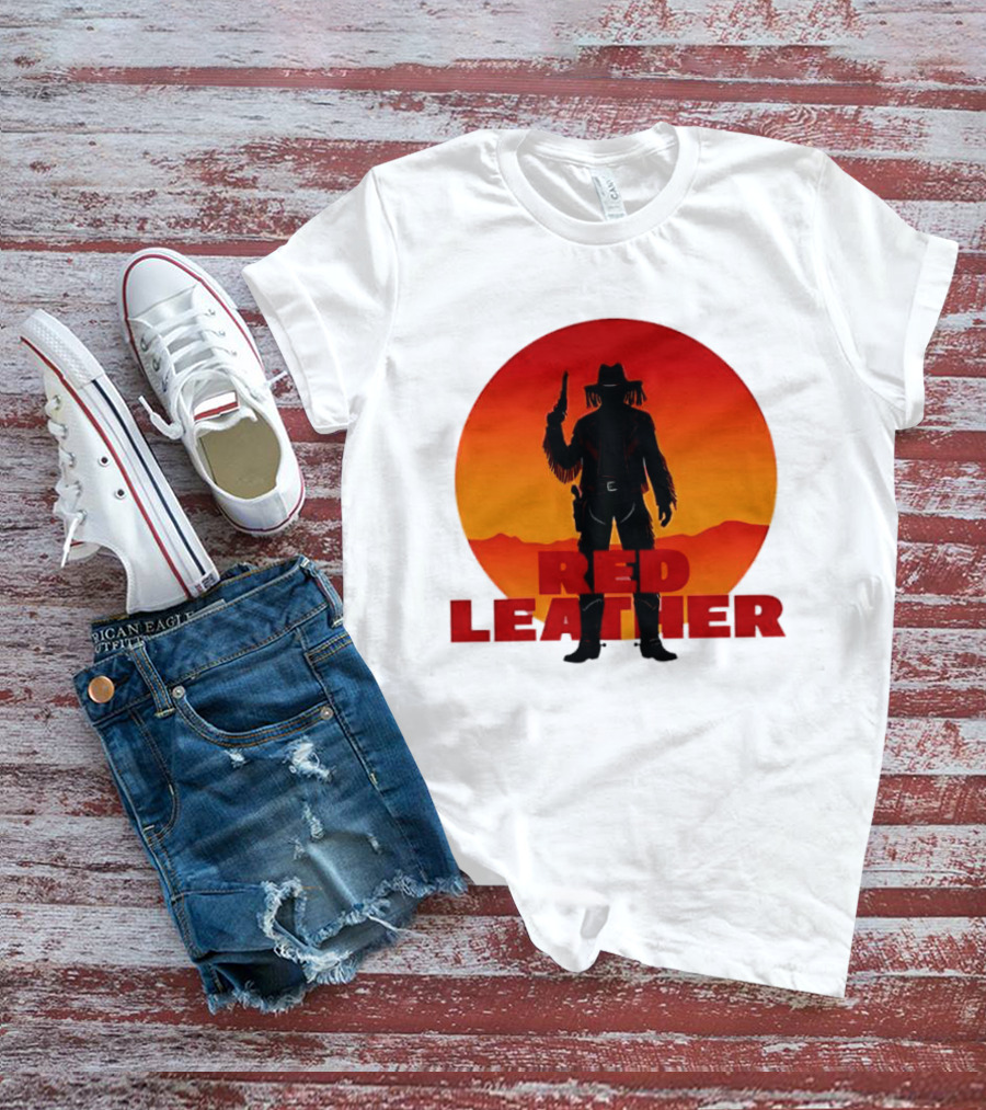 Red Leather Cowboy Sunset Silhouette With Gun And Hat In Desert T-Shirt