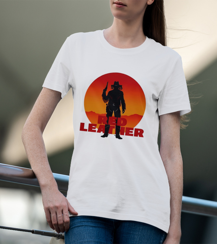 Red Leather Cowboy Sunset Silhouette With Gun And Hat In Desert T-Shirt