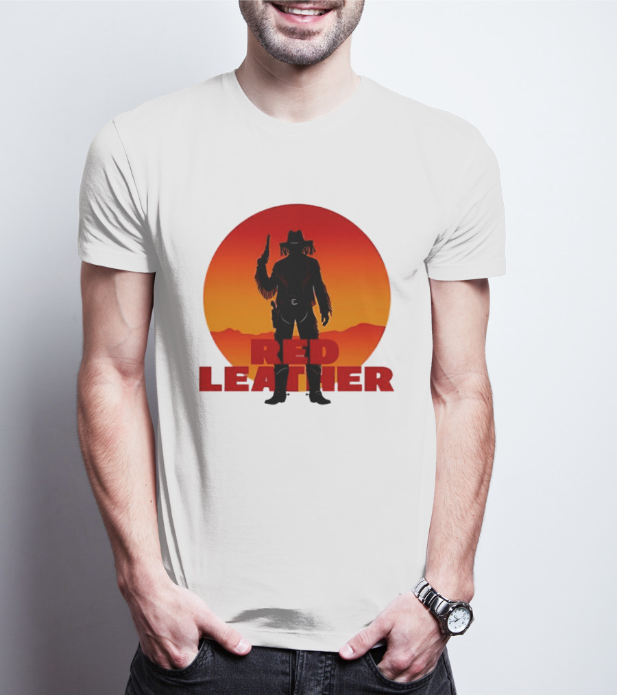 Red Leather Cowboy Sunset Silhouette With Gun And Hat In Desert T-Shirt
