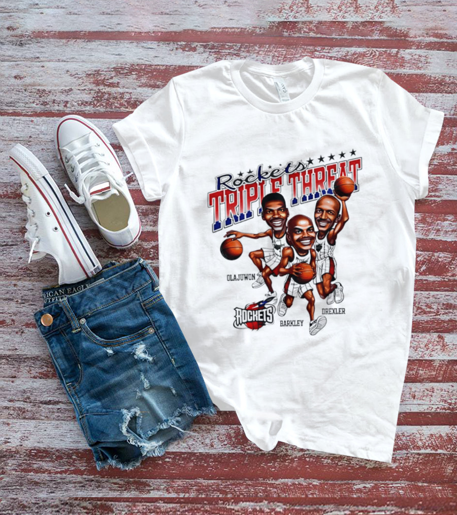 Hakeem Olajuwon Charles Barkley Clyde Drexler Rockets Triple Threat NBA Legends T-Shirt