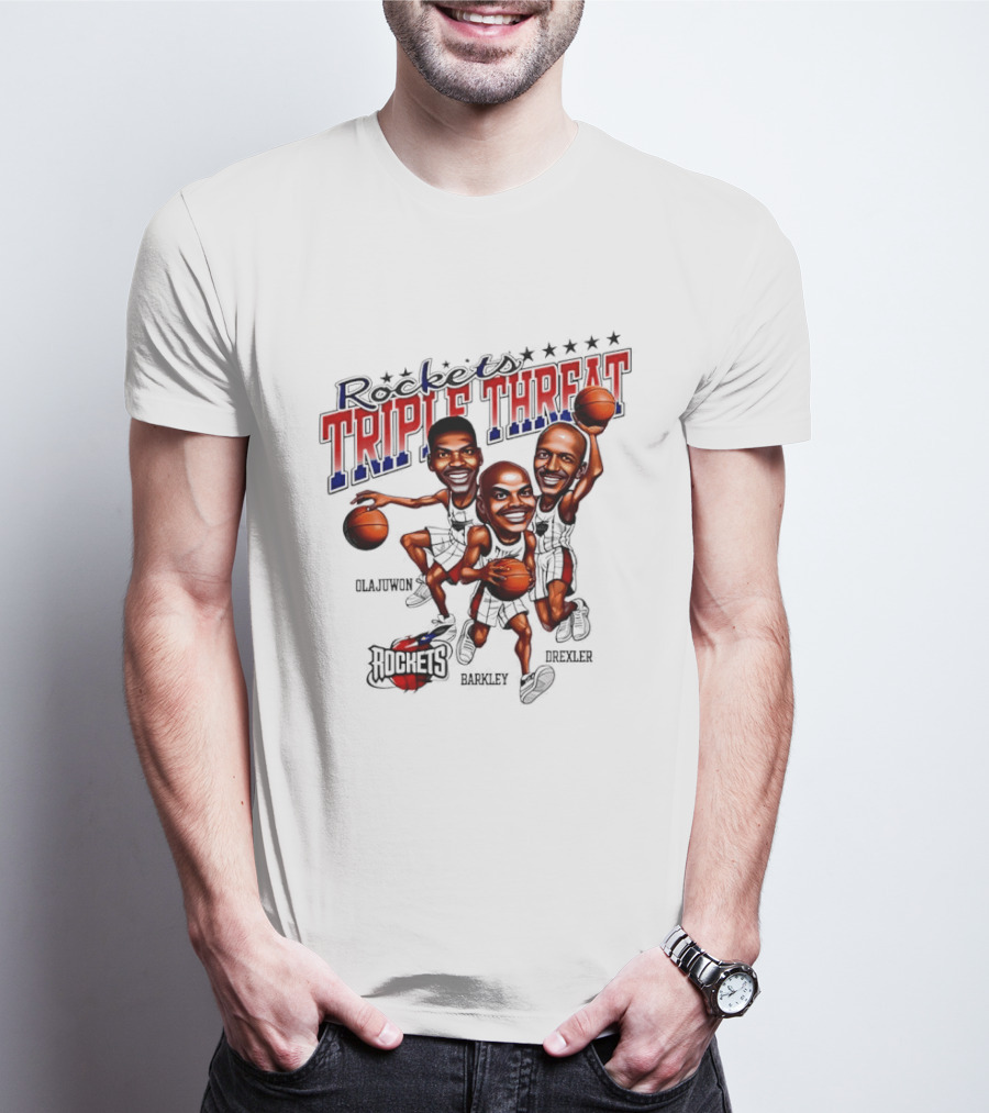 Hakeem Olajuwon Charles Barkley Clyde Drexler Rockets Triple Threat NBA Legends T-Shirt