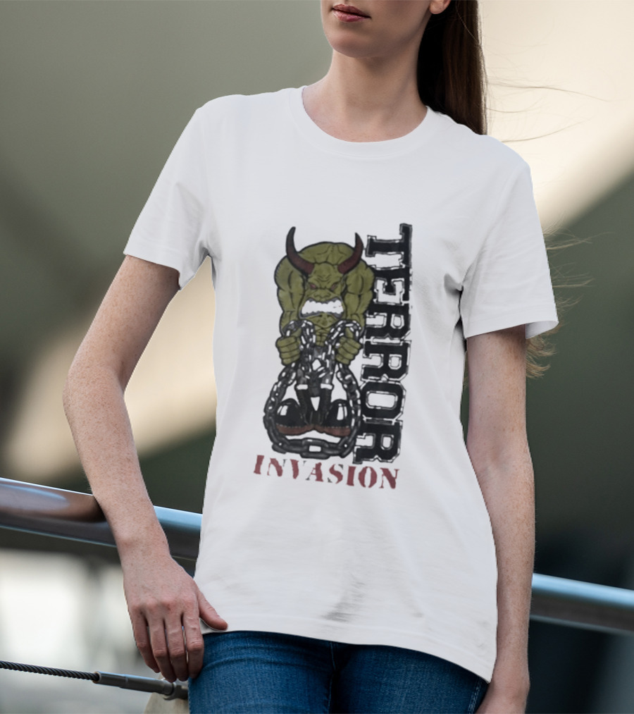 Terror Invasion Demon Holding Chains Warrior Monster T-Shirt