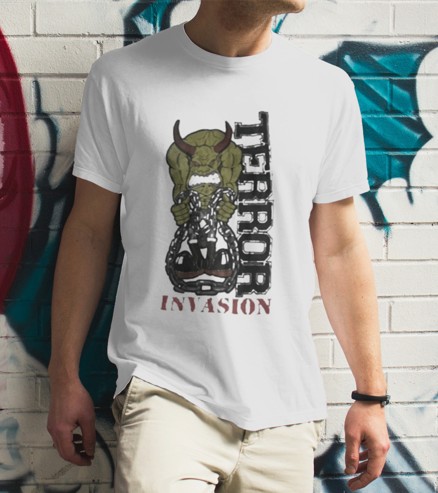Terror Invasion Demon Holding Chains Warrior Monster T-Shirt