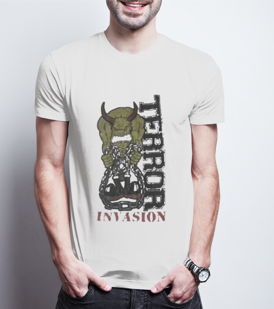 Terror Invasion Demon Holding Chains Warrior Monster T-Shirt