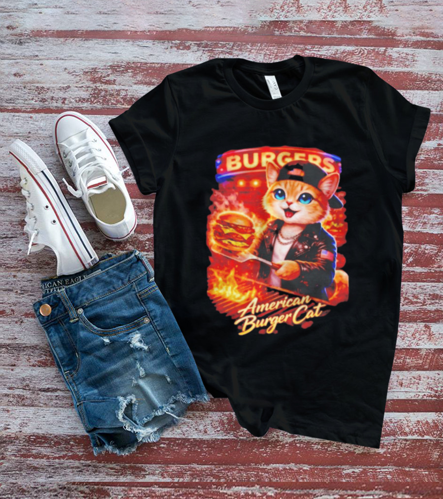 Burgers Flame Grilling American Burger Cat Fun T-Shirt
