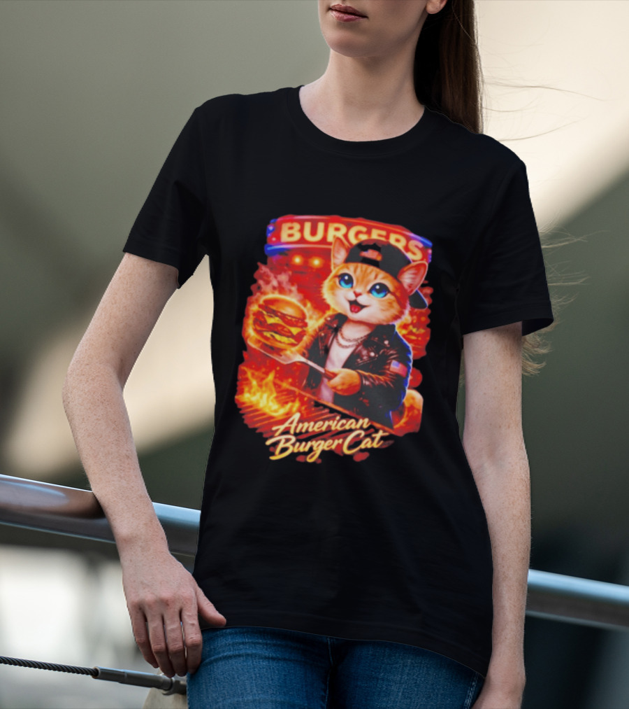 Burgers Flame Grilling American Burger Cat Fun T-Shirt