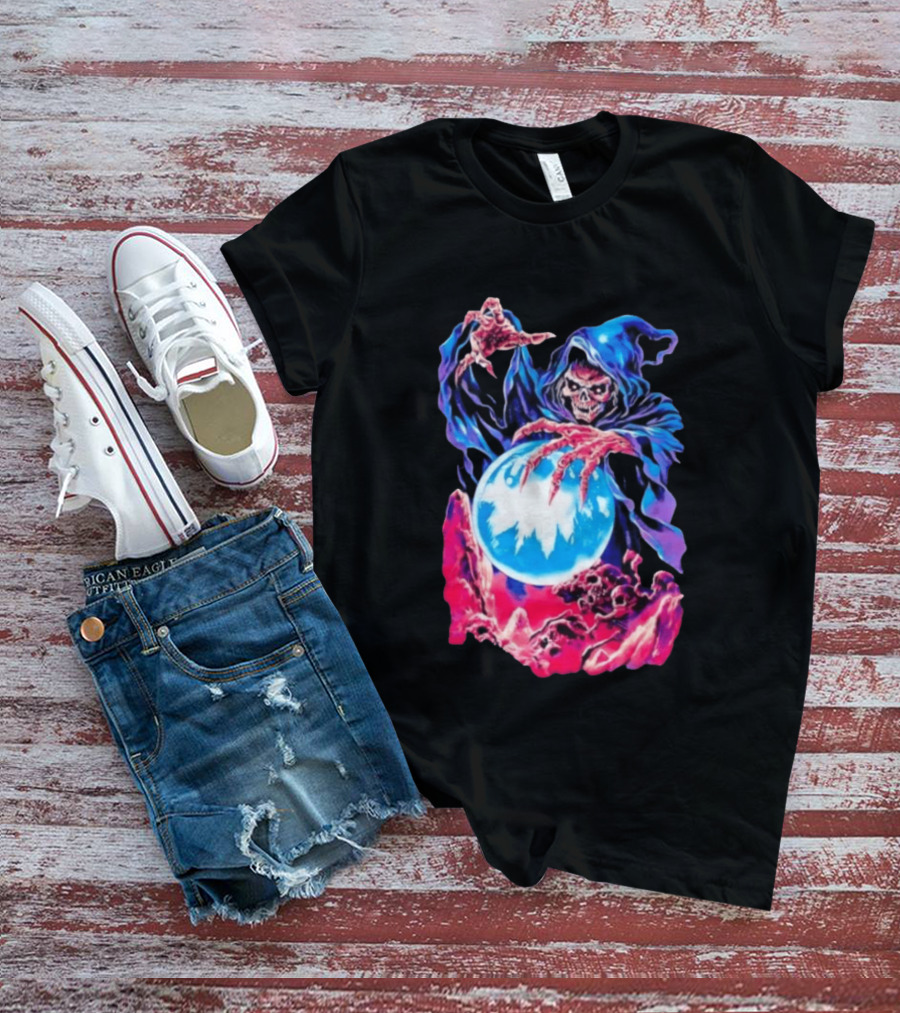 Grim Reaper Crystal Ball Skull Mystical Skeleton Hooded Cloak T-Shirt