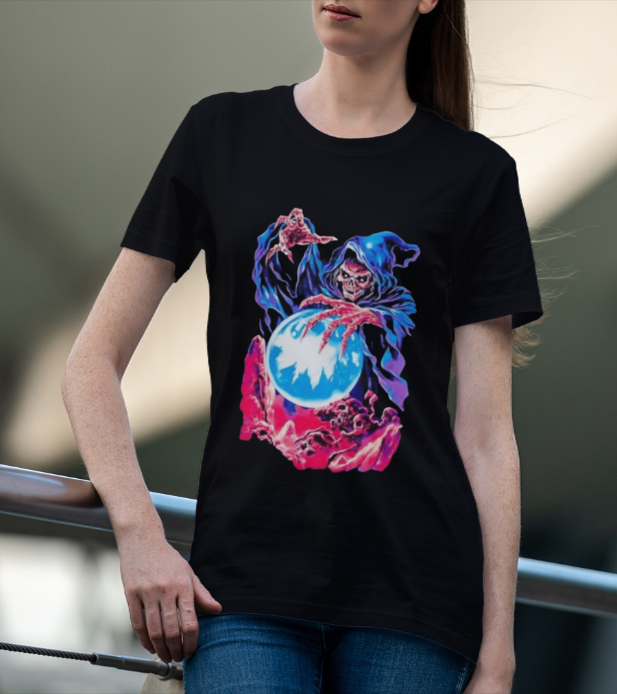Grim Reaper Crystal Ball Skull Mystical Skeleton Hooded Cloak T-Shirt