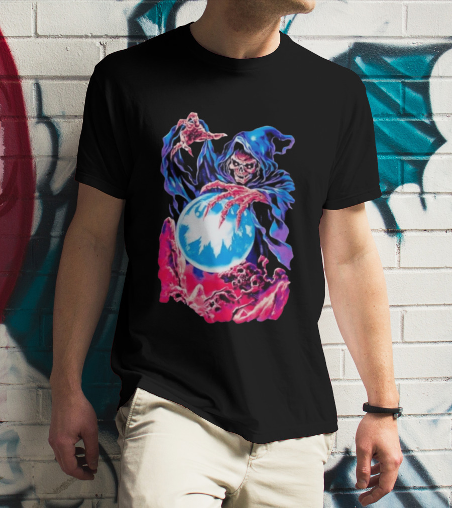 Grim Reaper Crystal Ball Skull Mystical Skeleton Hooded Cloak T-Shirt