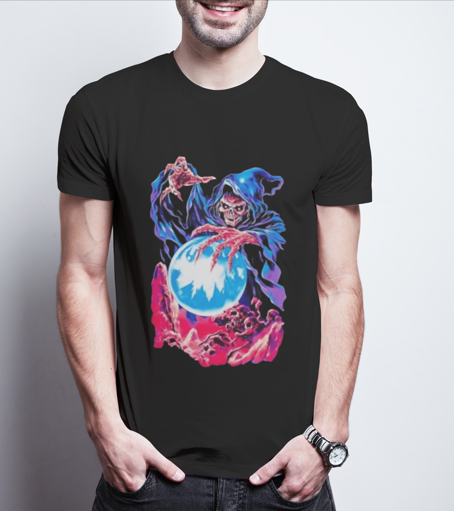 Grim Reaper Crystal Ball Skull Mystical Skeleton Hooded Cloak T-Shirt