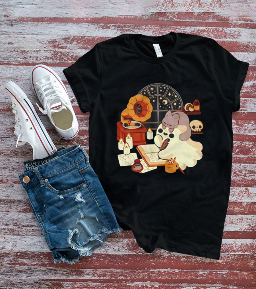 Ghost Cat Listening To Phonograph Under Night Sky While Writing T-Shirt
