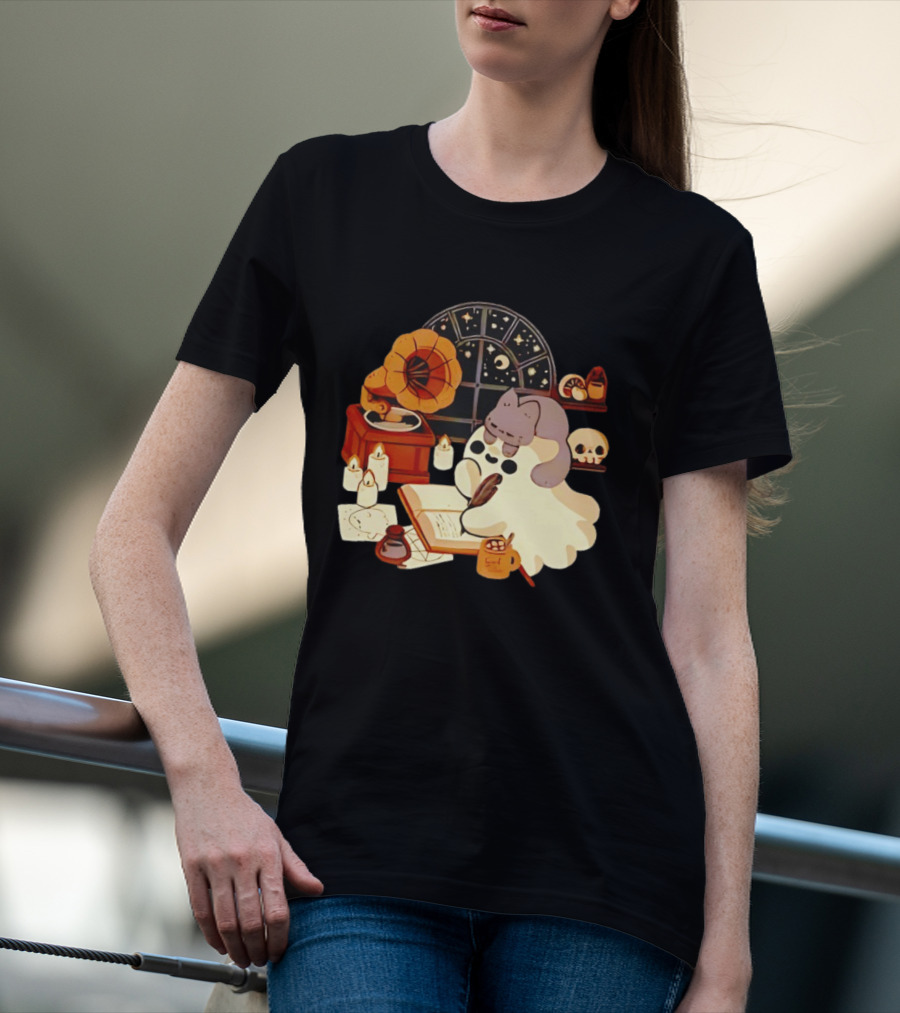 Ghost Cat Listening To Phonograph Under Night Sky While Writing T-Shirt