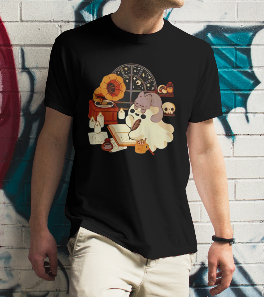 Ghost Cat Listening To Phonograph Under Night Sky While Writing T-Shirt