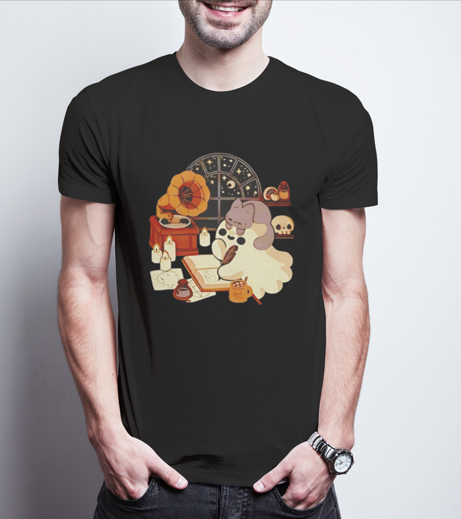 Ghost Cat Listening To Phonograph Under Night Sky While Writing T-Shirt