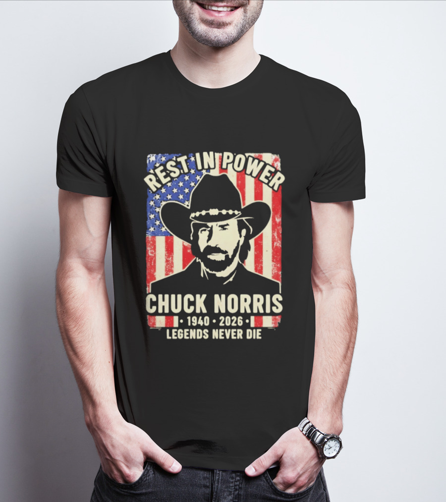 Rest In Power Chuck Norris Legends Never Die 1940 2026 Patriotic Western Cowboy T-Shirt