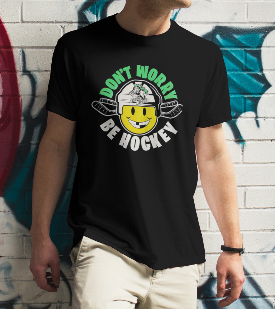 Don't Worry Be Hockey Cedar Rapids RoughRiders Smiley Face Helmet Rugged Fun T-Shirt