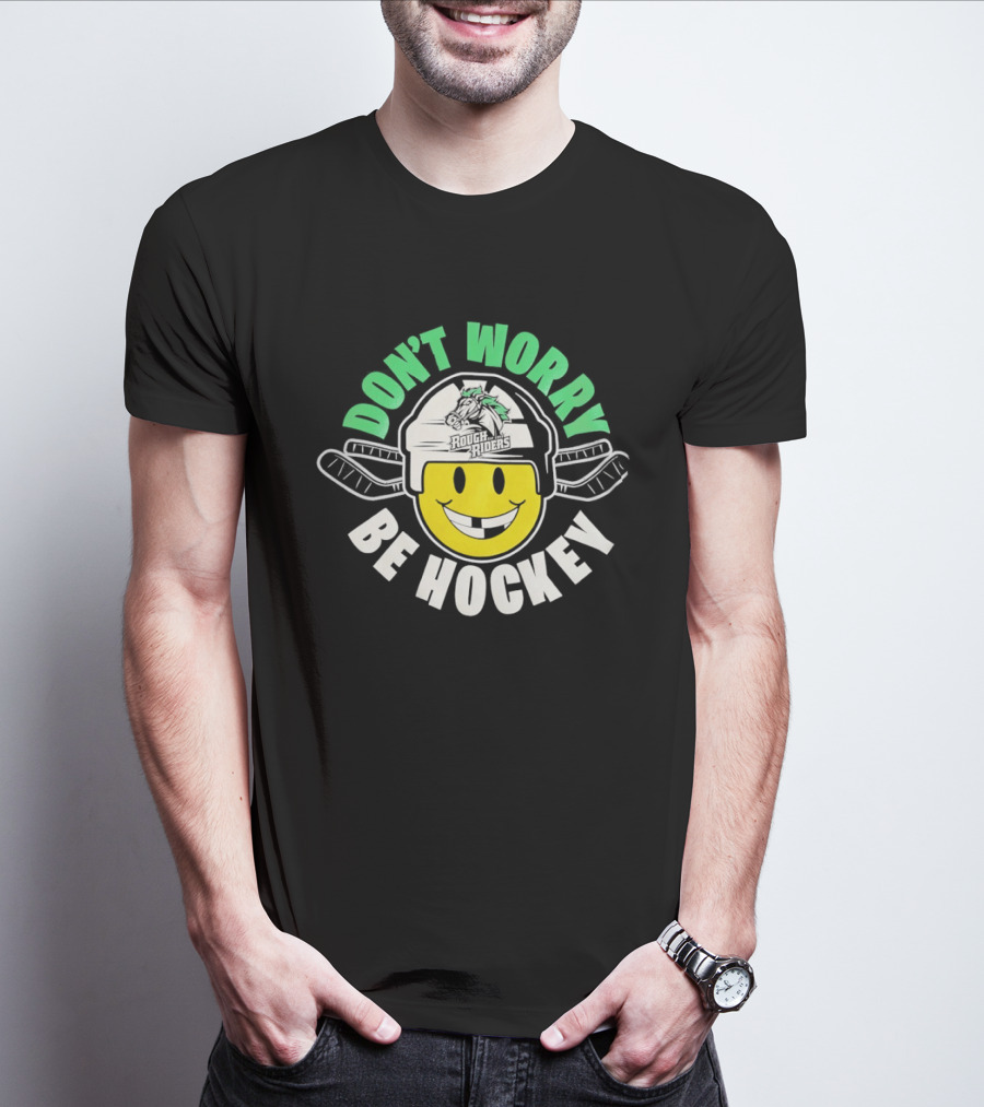 Don't Worry Be Hockey Cedar Rapids RoughRiders Smiley Face Helmet Rugged Fun T-Shirt