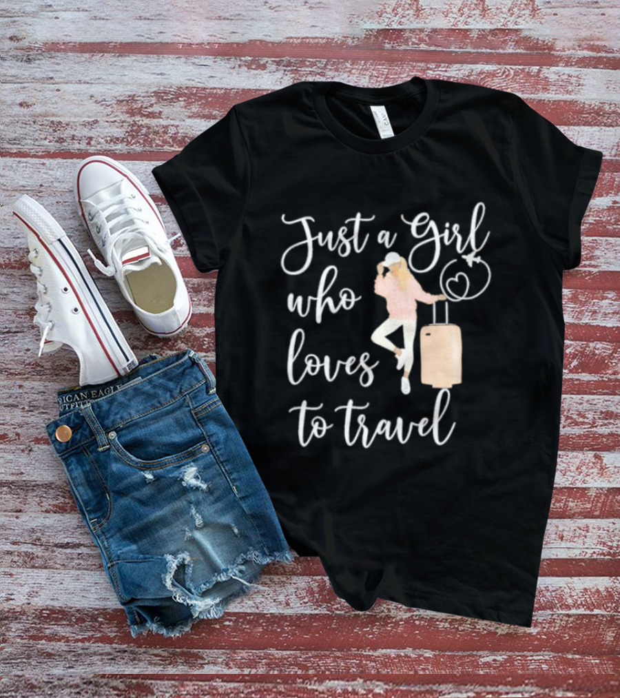 Just A Girl Who Loves To Travel With Pink Luggage And Heart T-Shirt