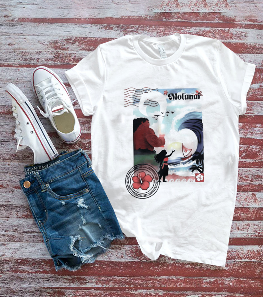 Motunui Postage Stamp Ocean Wave Hibiscus Blossom T-Shirt