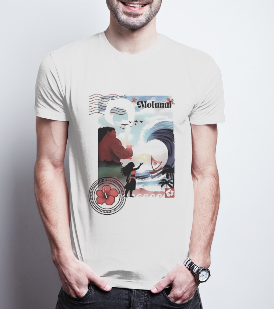 Motunui Postage Stamp Ocean Wave Hibiscus Blossom T-Shirt