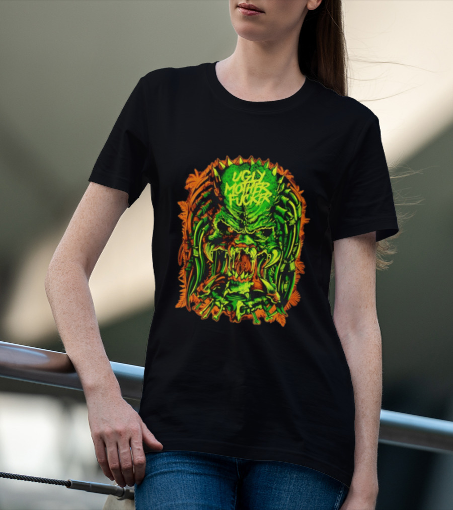 Predator Ugly Mother Fucker Alien Mask Neon Green And Orange T-Shirt