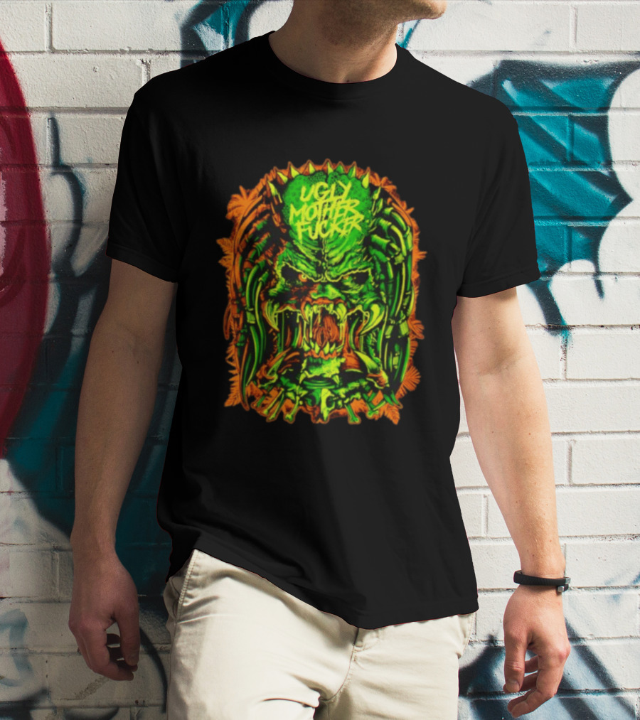 Predator Ugly Mother Fucker Alien Mask Neon Green And Orange T-Shirt