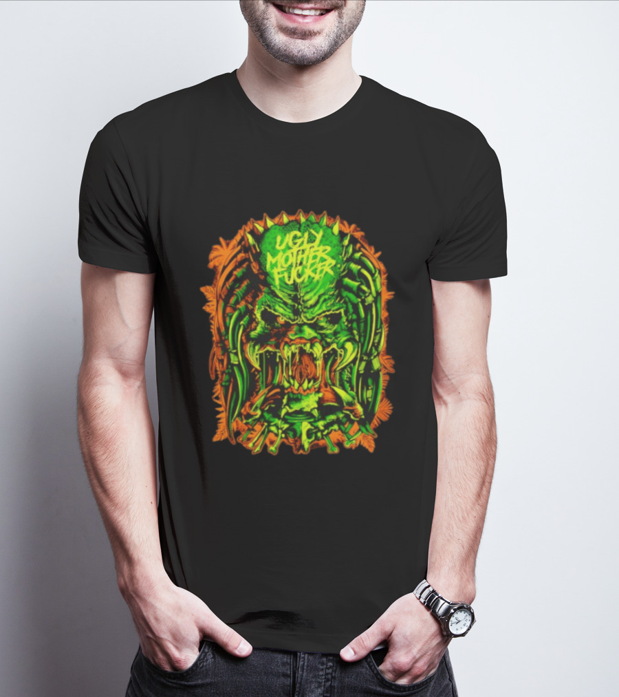Predator Ugly Mother Fucker Alien Mask Neon Green And Orange T-Shirt