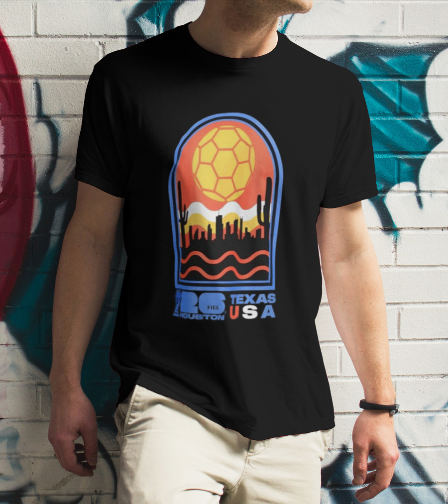 Texas USA FIFA 2026 Houston Skyline Cactus Sunset Soccer Ball T-Shirt