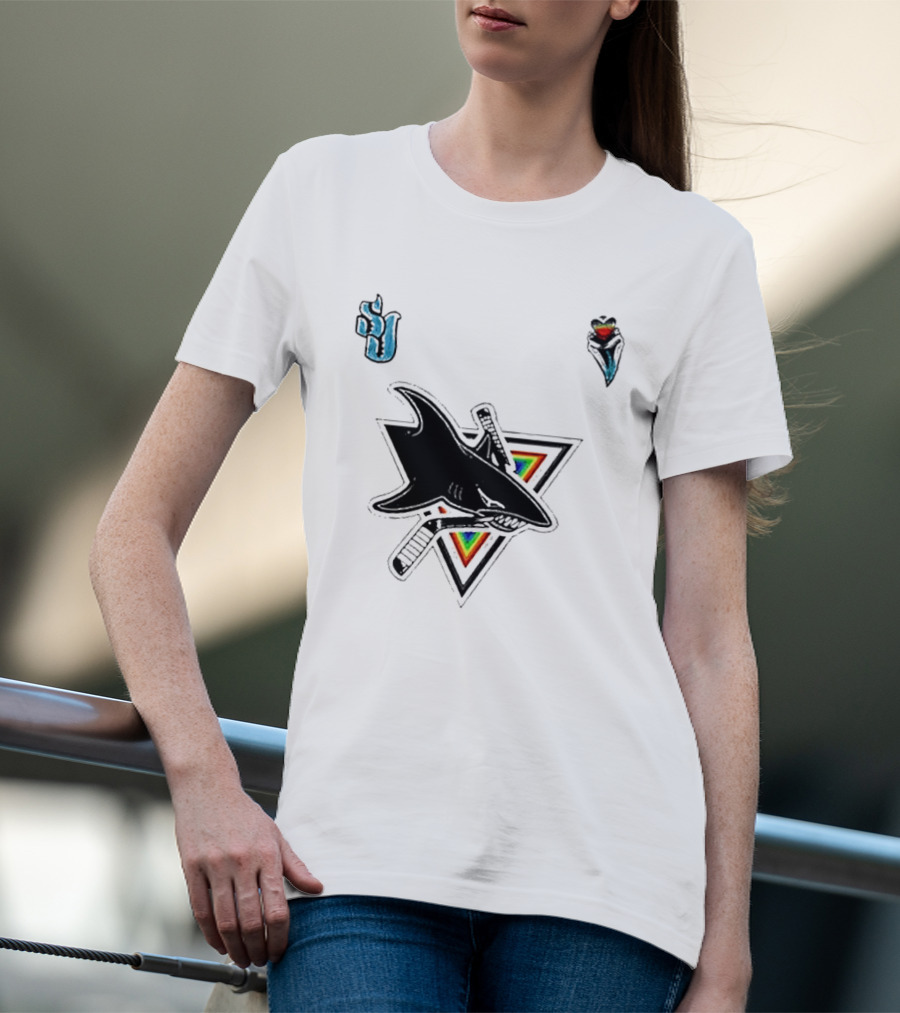 San Jose Sharks Pride Night 2026 Team Logo With Rainbow Accents T-Shirt