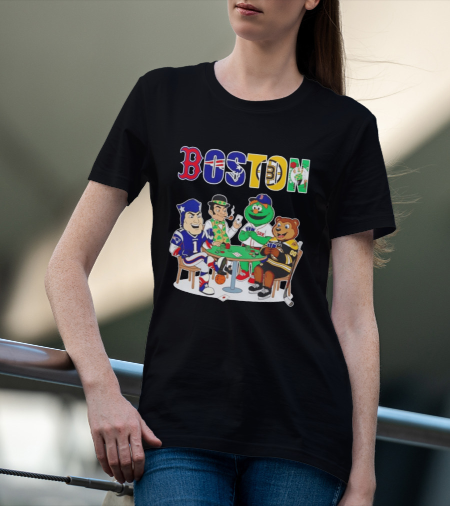 Boston Teams Playing Cards Patriots Red Sox Celtics Bruins Logos T-Shirt