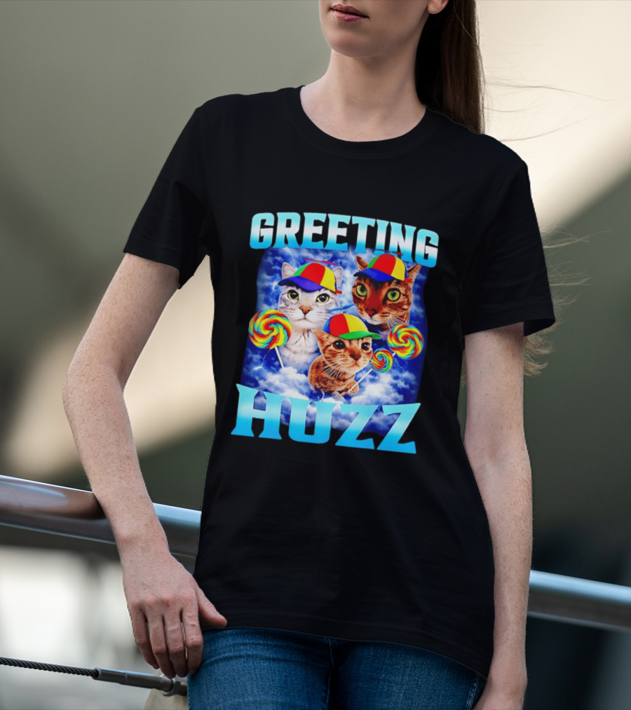Greeting Huzz Cat Meme With Lollipops And Colorful Hats T-Shirt
