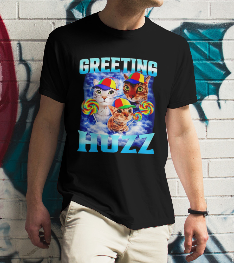 Greeting Huzz Cat Meme With Lollipops And Colorful Hats T-Shirt