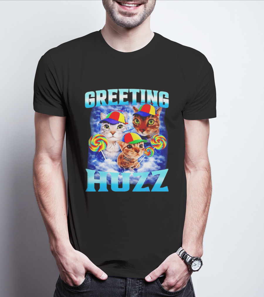 Greeting Huzz Cat Meme With Lollipops And Colorful Hats T-Shirt