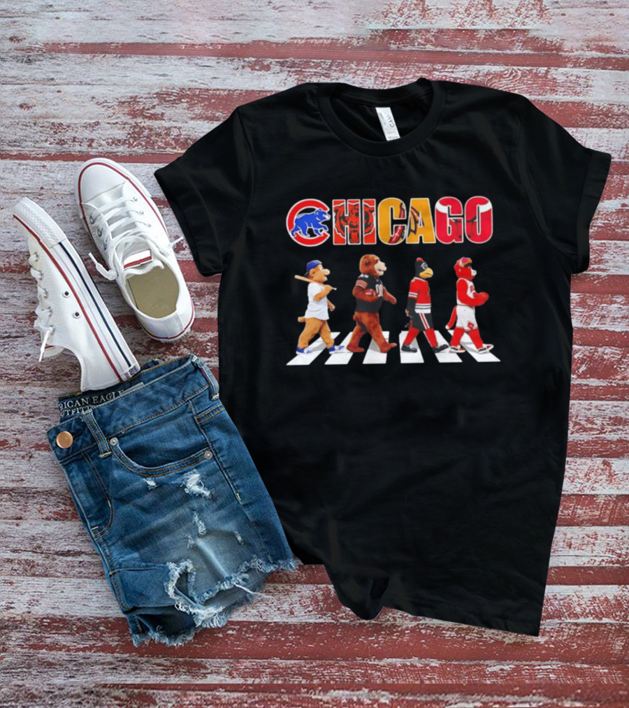 Chicago Cubs Bears Blackhawks Bulls Mascots Crossing Abbey Road T-Shirt