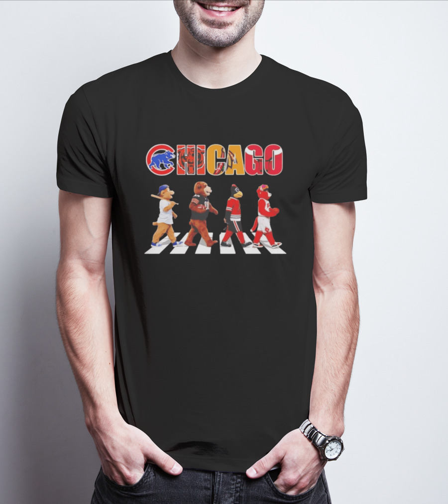 Chicago Cubs Bears Blackhawks Bulls Mascots Crossing Abbey Road T-Shirt