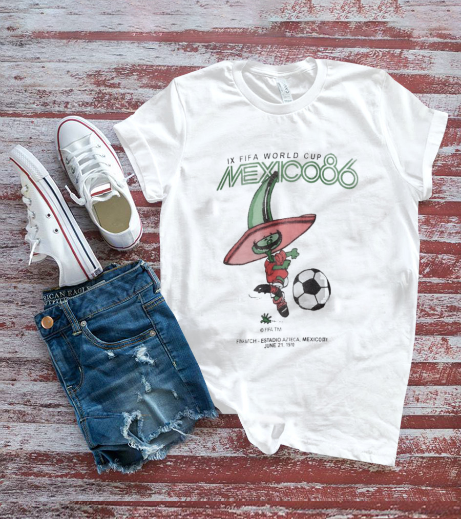 IX FIFA World Cup Mexico 86 Mascot Pique In Red Sombrero And Green Poncho With Soccer Ball T-Shirt