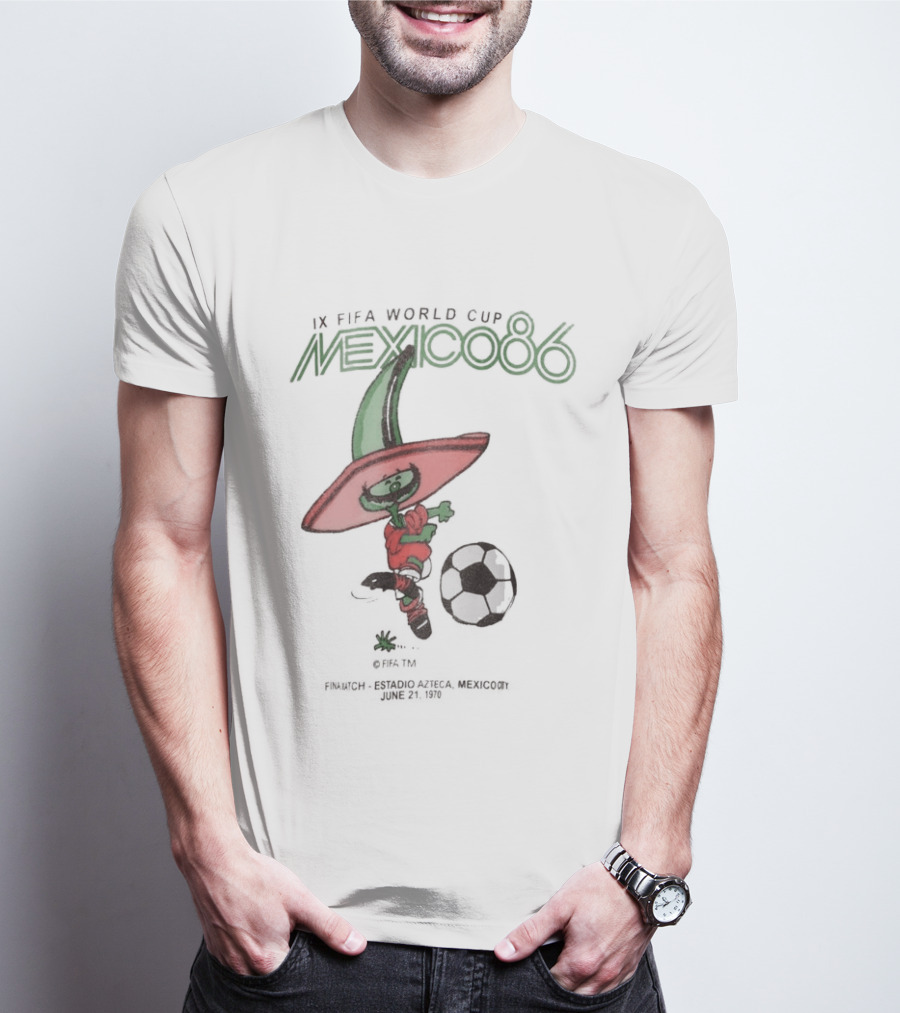 IX FIFA World Cup Mexico 86 Mascot Pique In Red Sombrero And Green Poncho With Soccer Ball T-Shirt