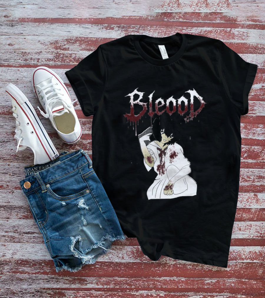 Blood Anime Style Dripping Text And Mysterious Figure T-Shirt