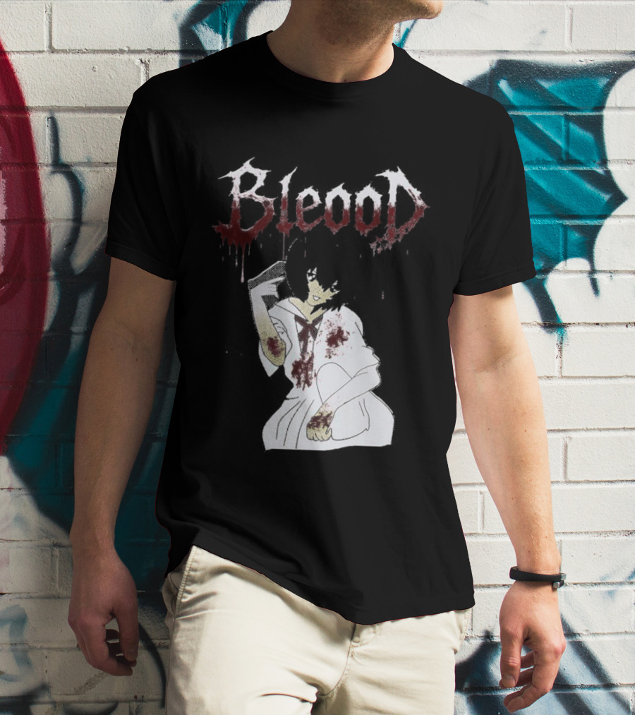 Blood Anime Style Dripping Text And Mysterious Figure T-Shirt