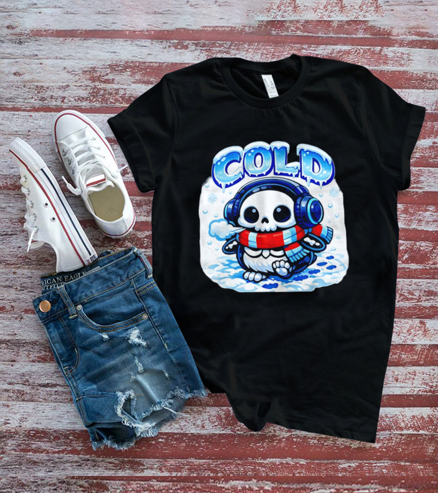 Cold Penguin Skeleton Winter Scarf Headphones Snowflakes T-Shirt
