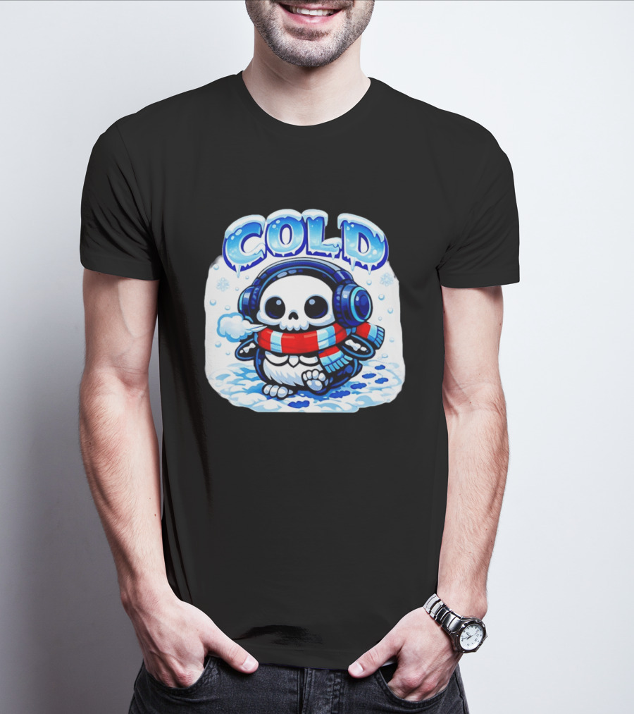 Cold Penguin Skeleton Winter Scarf Headphones Snowflakes T-Shirt
