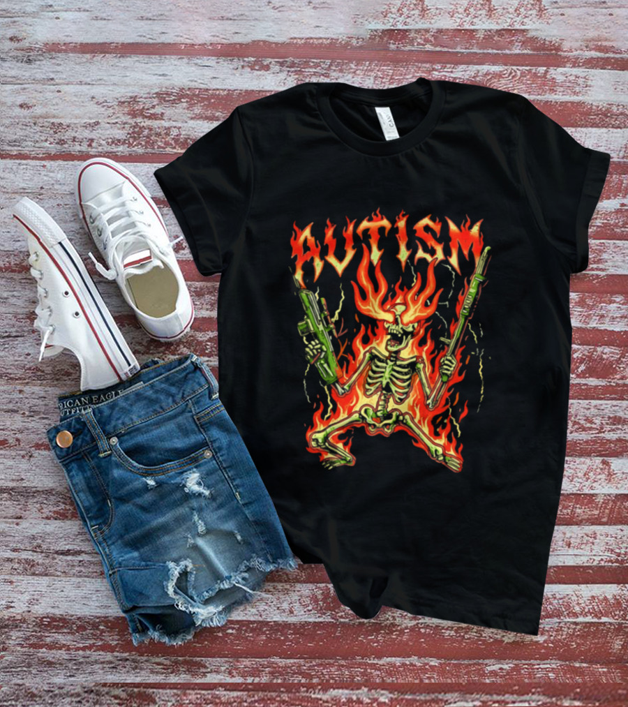 Skeleton Blazing Holding Two Rifle Guns Autism Flame T-Shirt