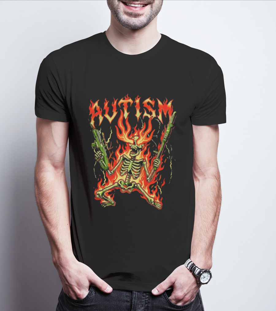 Skeleton Blazing Holding Two Rifle Guns Autism Flame T-Shirt
