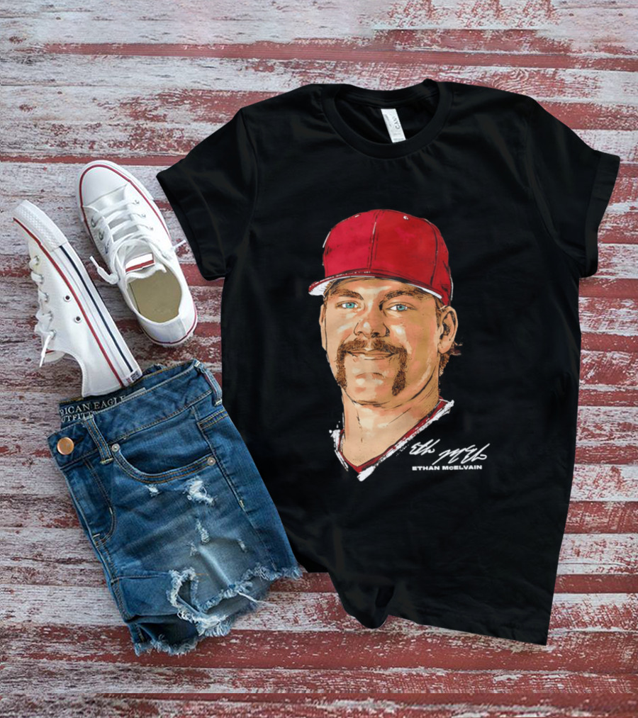 Ethan McElvain Arkansas Razorbacks Baseball Player Portrait In Red Cap T-Shirt