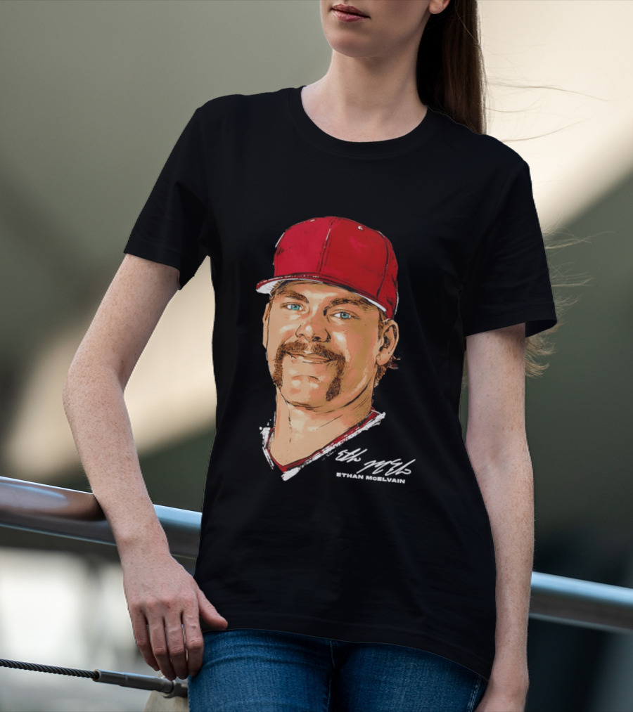 Ethan McElvain Arkansas Razorbacks Baseball Player Portrait In Red Cap T-Shirt